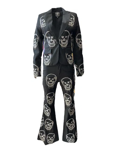 Any Old Iron Black / Silver Silver Beaded Skull Fringe Black Suit In Black/silver