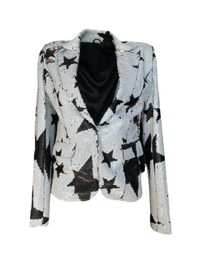 Any Old Iron Black / White / Silver White Sparkle Star Reversible Sequin Suit In Silver/black/white