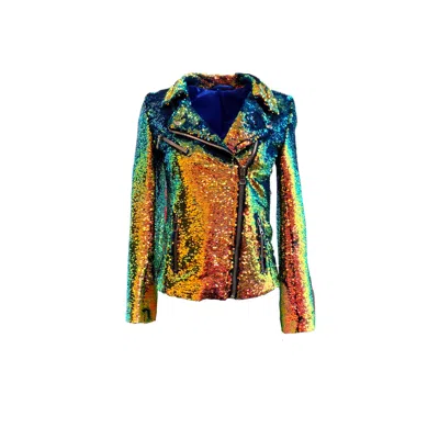 Any Old Iron Women's Iridescent Oil Slick Sequin Moto Jacket In Blue/yellow