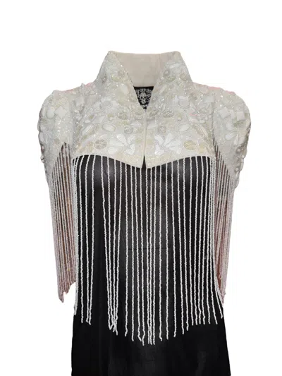 Any Old Iron Women's Beaded White Button Fringe Shrug In Gray