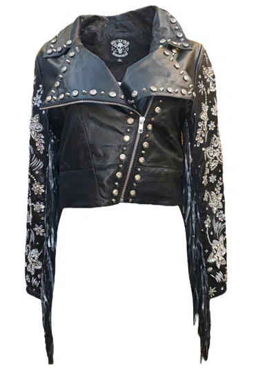 Any Old Iron Crystal Flowers Moto Jacket In Black