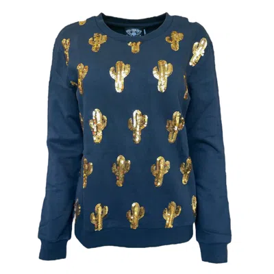 Any Old Iron Women's Black Small Gold Sequin Cactus Sweatshirt