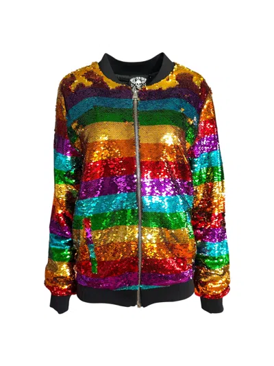 Any Old Iron Women's Black / Gold Horizontal Rainbow Bomber Sequin Jacket In Multi