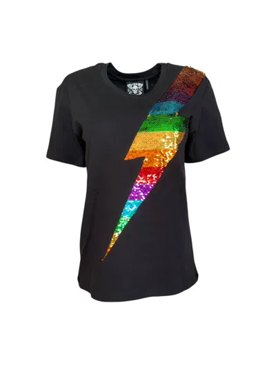 Any Old Iron Women's Black / Gold Reversible Sequin Rainbow Lightning T-shirt In Black/gold