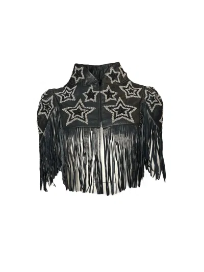 Any Old Iron Women's Black / Silver Beaded Make Me A Star Leather Fringe Shrug