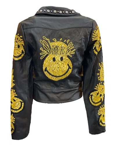 Any Old Iron Women's Black / Yellow / Orange Yellow Mind Blown Smiley Leather Moto In Black/yellow/orange
