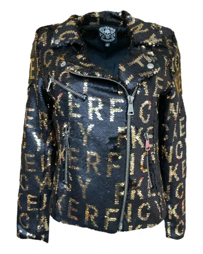 Any Old Iron Women's Gold / Black Black & Gold Sequin Fancy Fucker Moto Jacket In Gold/black