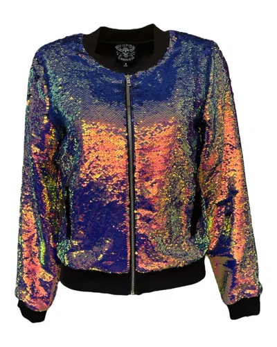 Any Old Iron Women's Gold / Blue / Pink Iridescent Oil Slick Reversible Blue Sequin Bomber Jacket In Gold/blue/pink