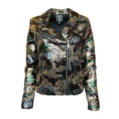 Any Old Iron Women's Gold / Green / Black Camo Sequin Moto Jacket In Gold/green/black