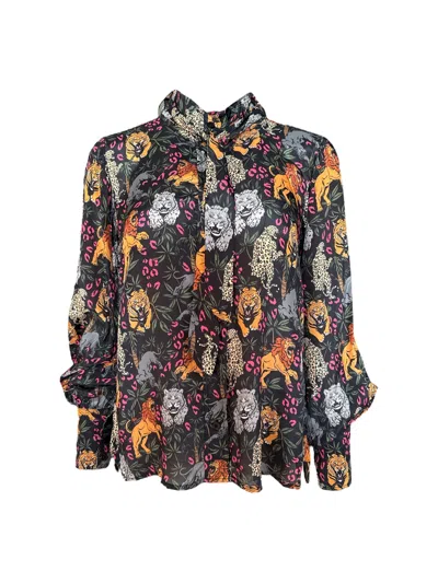 Any Old Iron Women's Green / Black Multicolor Big Cats Necktie Shirt