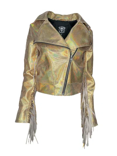 Any Old Iron Women's Iridescent Glimmer Gold Leather Fringe Moto