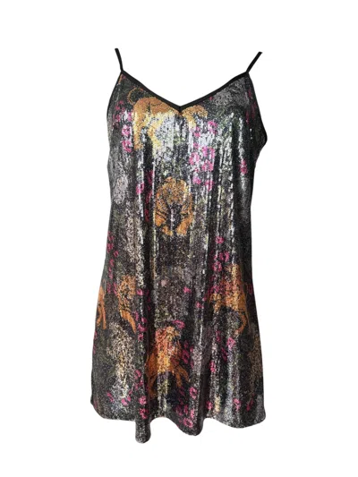 Any Old Iron Women's Orange / Green Multicolor Big Cats Sequin Short Dress