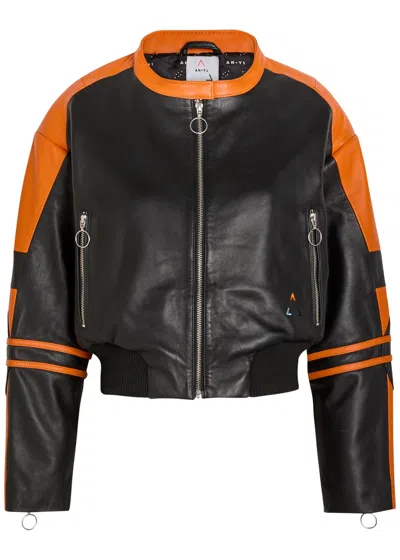 An-y1 Biker Padded Colour-blocked Leather Jacket In Black