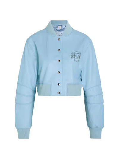 An-y1 Queen Stud-embellished Leather Cropped Bomber Jacket In Blue
