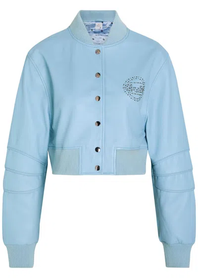 An-y1 Queen Stud-embellished Leather Cropped Bomber Jacket In Blue