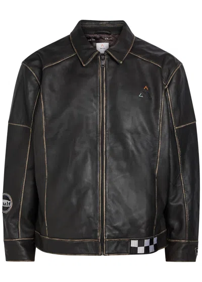 An-y1 Track Embroidered Leather Biker Jacket In Black