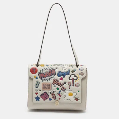 Pre-owned Anya Hindmarch All Over Wink Stickers Flap Off White Leather Top Handle Bag