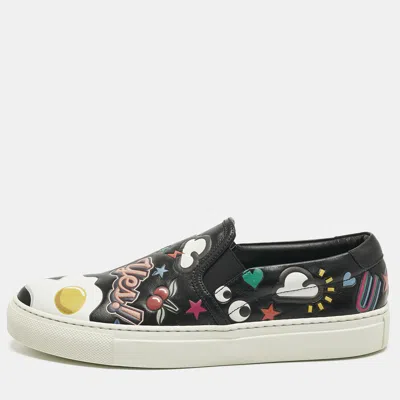 Pre-owned Anya Hindmarch Black Leather All Over Wink Sticker Slip On Sneakers Size 37