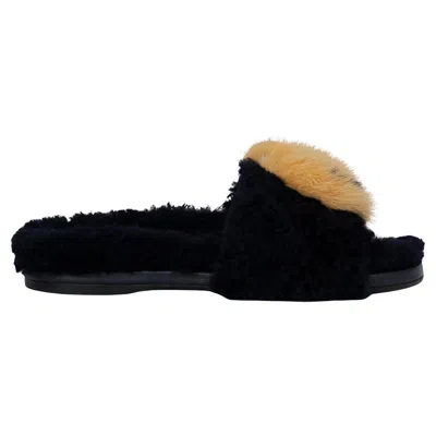 Pre-owned Anya Hindmarch Black Smiley Shearling & Fur Sandals Shoes 39