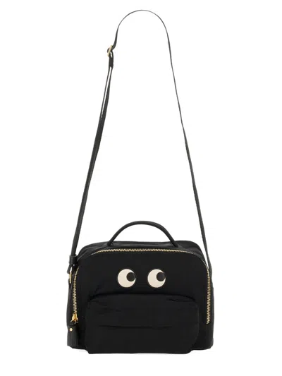 Anya Hindmarch Rectangular Crossbody Bag With Eye Motifs And Gold-tone Accents In Black