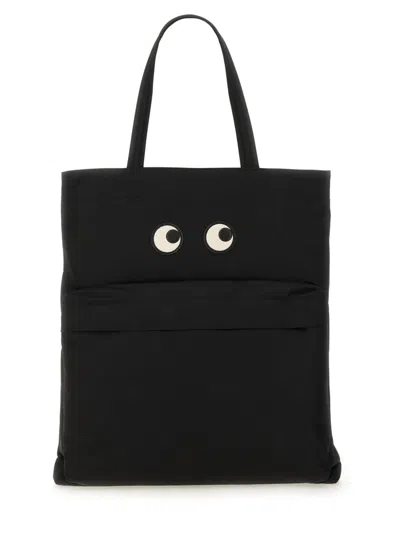 Anya Hindmarch Playful Black Tote With Eye Motifs And Zippered Pocket