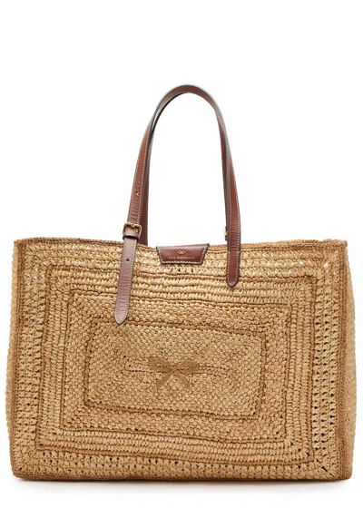 Anya Hindmarch Bow-embroidered Raffia Tote In Beige