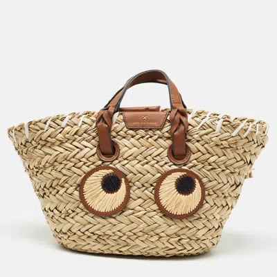 Pre-owned Anya Hindmarch Brown/natural Seagrass Small Paper Eyes Basket Tote
