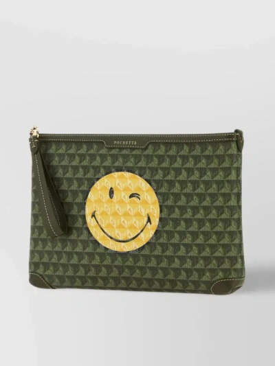 Anya Hindmarch Canvas Clutch With Printed Wink Pattern In Green