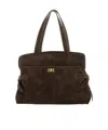 Anya Hindmarch Suede Double Handle Shoulder Bag With Pocket In Black