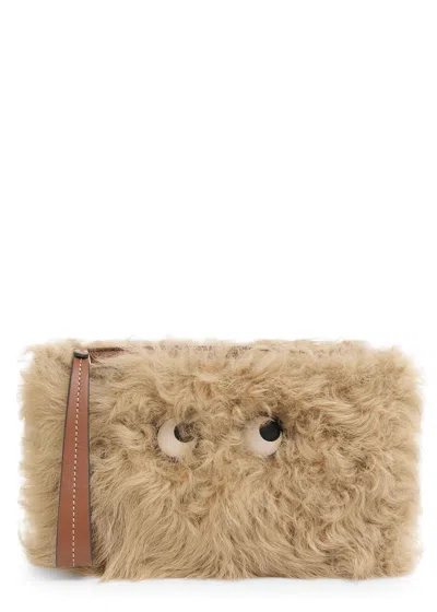 Anya Hindmarch Eyes Appliquéd Shearling Clutch In Sand