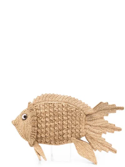 Anya Hindmarch Fish Raffia And Leather-trimmed Clutch In Brown