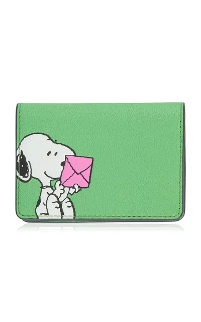 Anya Hindmarch Folded Card Case Snoopy In Grass Green Shiny Capra In Multi