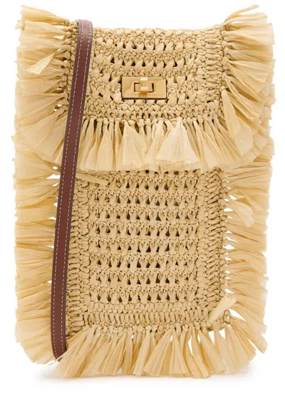 Anya Hindmarch Fringed Raffia And Leather Cross-body Phone Pouch In Brown