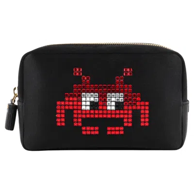 Pre-owned Anya Hindmarch F/w 2016 "space Invasion" Black Red Embellished Cosmetic Bag Nwt