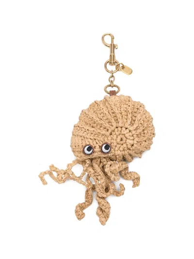 Anya Hindmarch Hermit Crab Leather-trimmed Gold-tone And Raffia Bag Charm In Pink