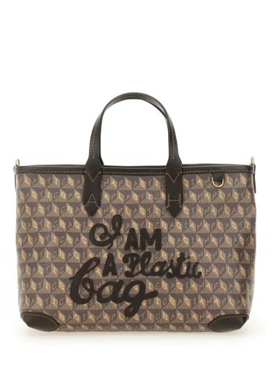 Anya Hindmarch I Am A Plastic Bag Leather-trimmed Coated-canvas Tote In Brown
