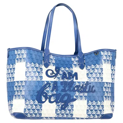 Anya Hindmarch I Am A Plastic Bag Small Leather-trimmed Printed Tote In Blue Coated-canvas