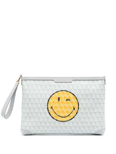 Anya Hindmarch Smiley Face Graphic Print Wrist Strap Clutch In White