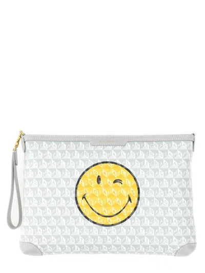 Anya Hindmarch Smiley Face Graphic Print Wrist Strap Clutch In White