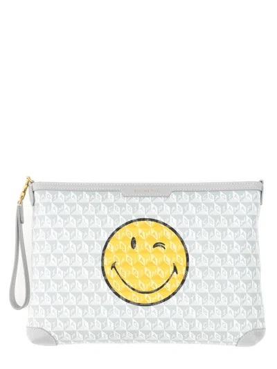 Anya Hindmarch Smiley Face Graphic Print Wrist Strap Clutch In White