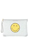 Anya Hindmarch Smiley Face Graphic Print Wrist Strap Clutch In White