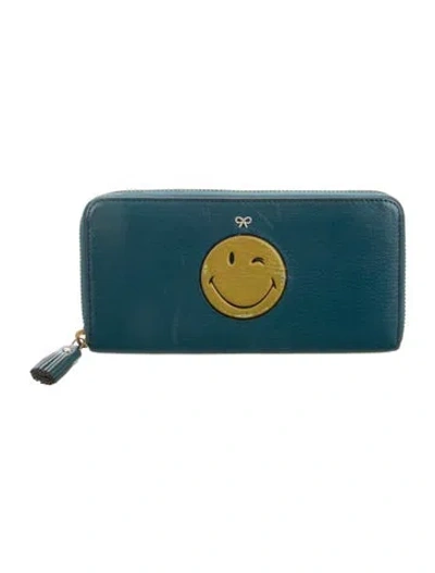 Pre-owned Anya Hindmarch Leather Graphic Print Continental Wallet In Blue