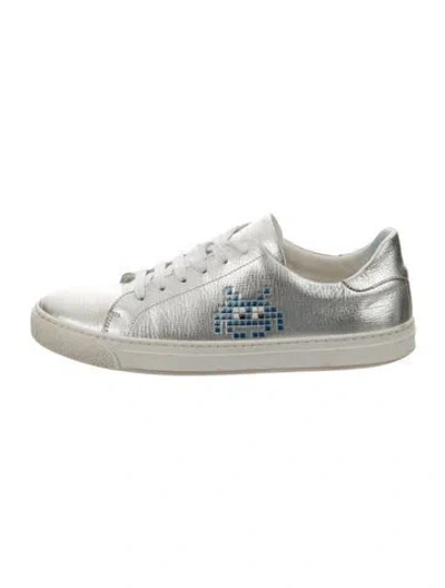 Pre-owned Anya Hindmarch Leather Graphic Print Sneakers In Silver