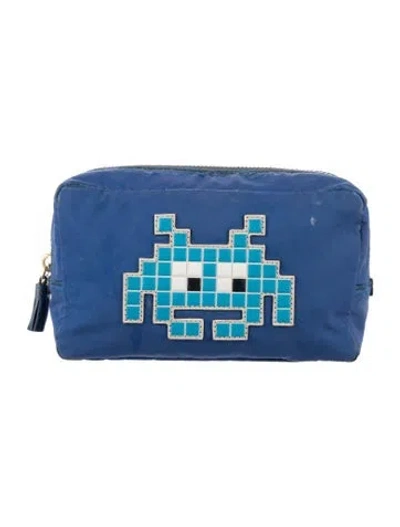Pre-owned Anya Hindmarch Leather Pixelated Patch Print Cosmetic Bag In Blue