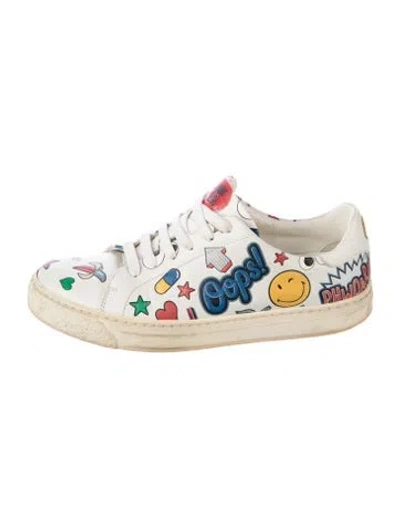 Pre-owned Anya Hindmarch Leather Printed Sneakers In White