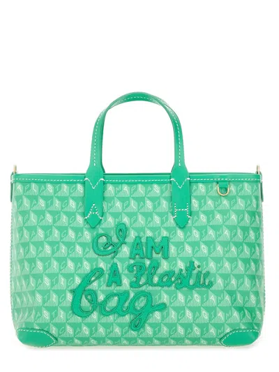 Anya Hindmarch Mini Recycled Canvas Tote Handbag With I Am A Plastic Pattern In Green