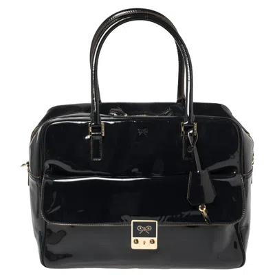 Anya Hindmarch Navy Blue Patent Leather Carker Satchel In Black