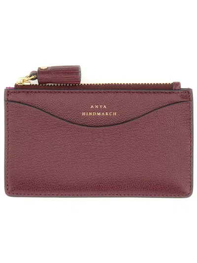 Anya Hindmarch Peeping Eyes Card Holder With Zipper In Burgundy