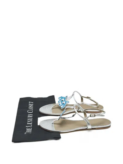 Pre-owned Anya Hindmarch Pixelated-figure Thong Sandals In Silver