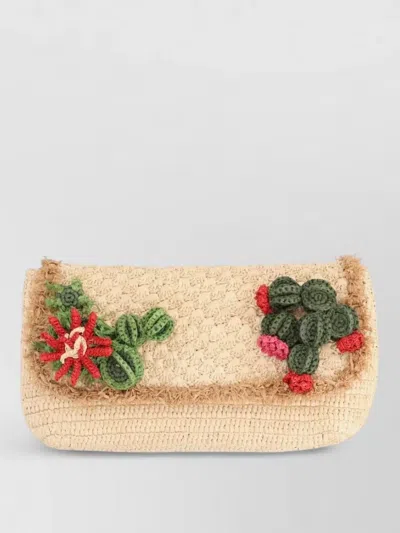 Anya Hindmarch Rectangular Clutch Woven Texture Floral Fringe In Neutral